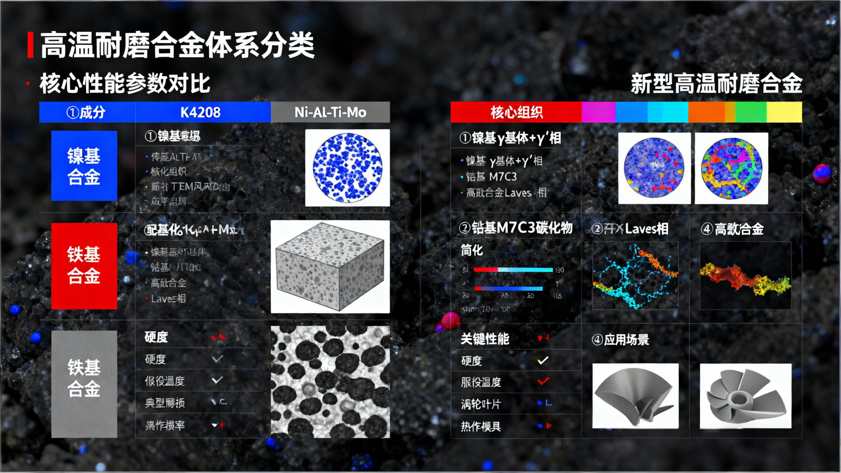 高温耐磨合金制备技术的机能导向选择：：真空电弧熔炼vs真空感应熔炼vs电子束熔炼，粉末冶金热等静压vs热压烧结，理论技术激光熔覆vs堆焊，结合合金元素的作用，成立“工艺-组织-耐磨机能”的定量关联